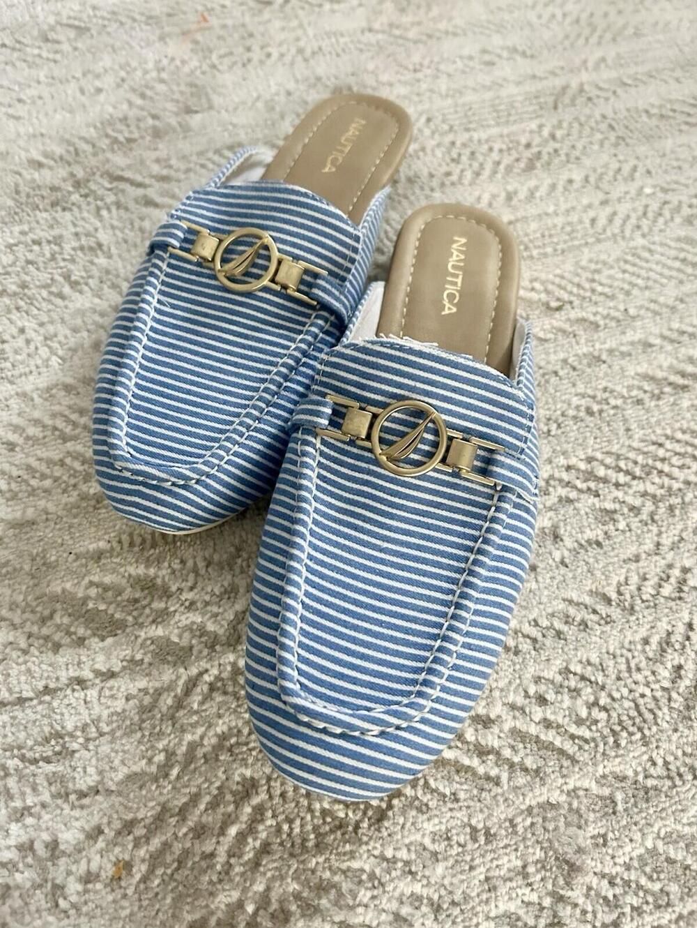 Nautica Brand Women’s Slip On Shoes Size 9.5, Blue/White Ocean Nautical Theme